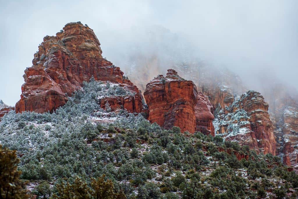 Snow covered red rocks in Sedona