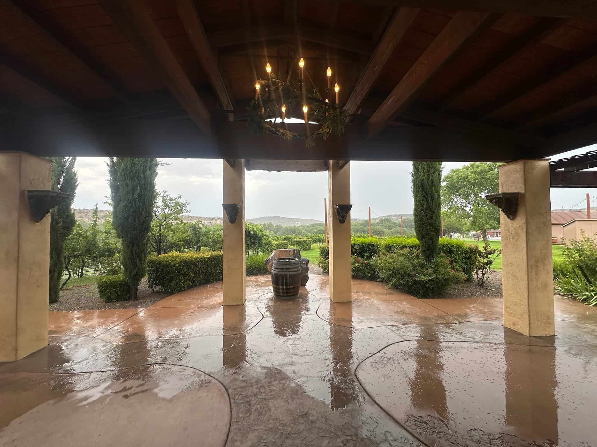 View of Alcantara Vineyard's event venue while it's raining.