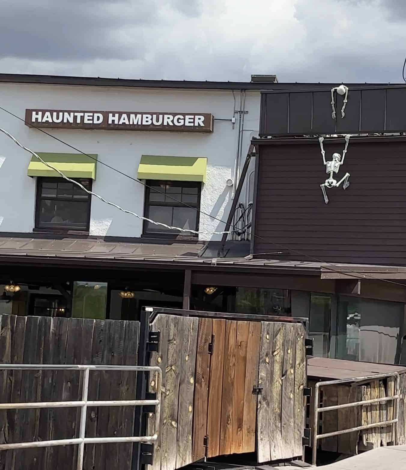 Skeletons hanging from Haunted Hamburger in Jerome, a stop on a drive from Phoenix to Sedona.