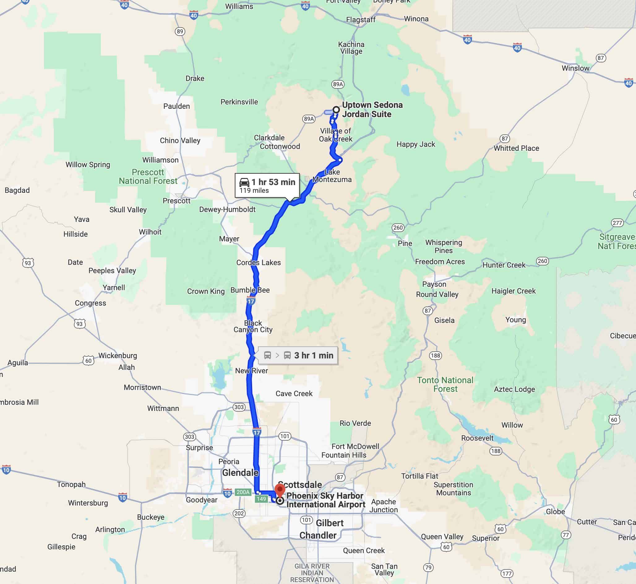 Google map image of driving distance between phoenix and sedona 