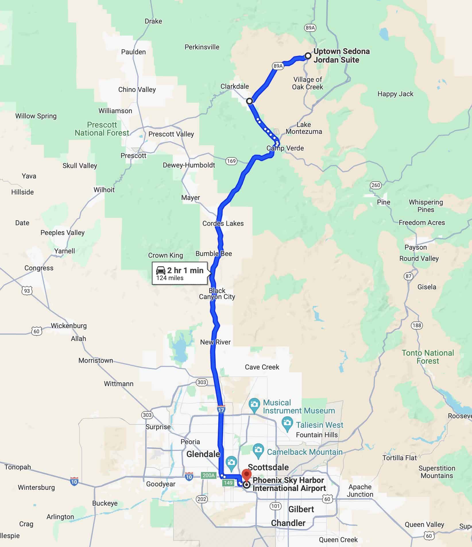 Google map image of driving distance between phoenix and sedona 