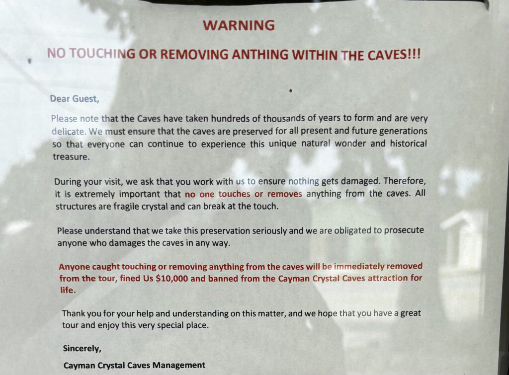 The rules posted about touching the crystals at Cayman Islands' Crystal Caves