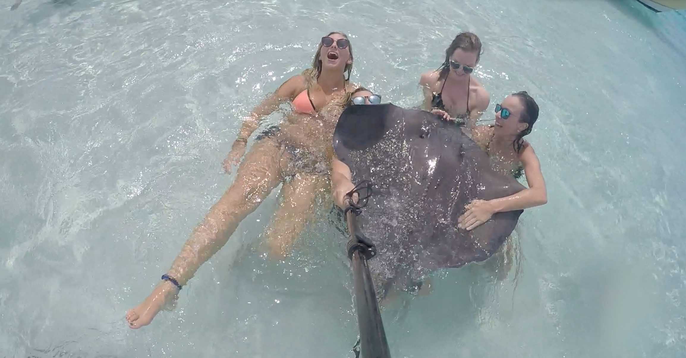 Four women holding a stingray while laughing at Grand Cayman's Stingray City Sandbar