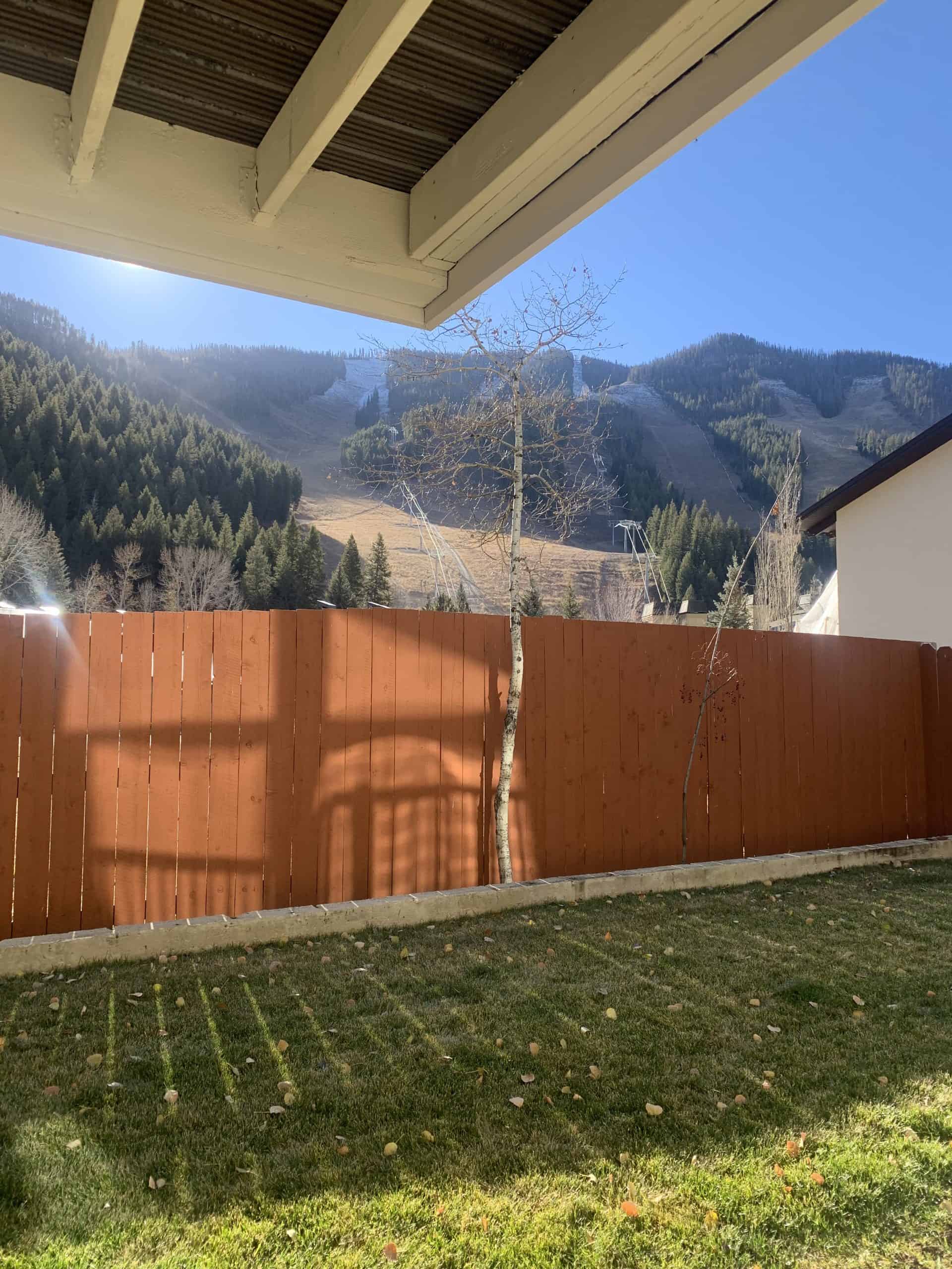 A view of the base of a ski mountain from a backyard.