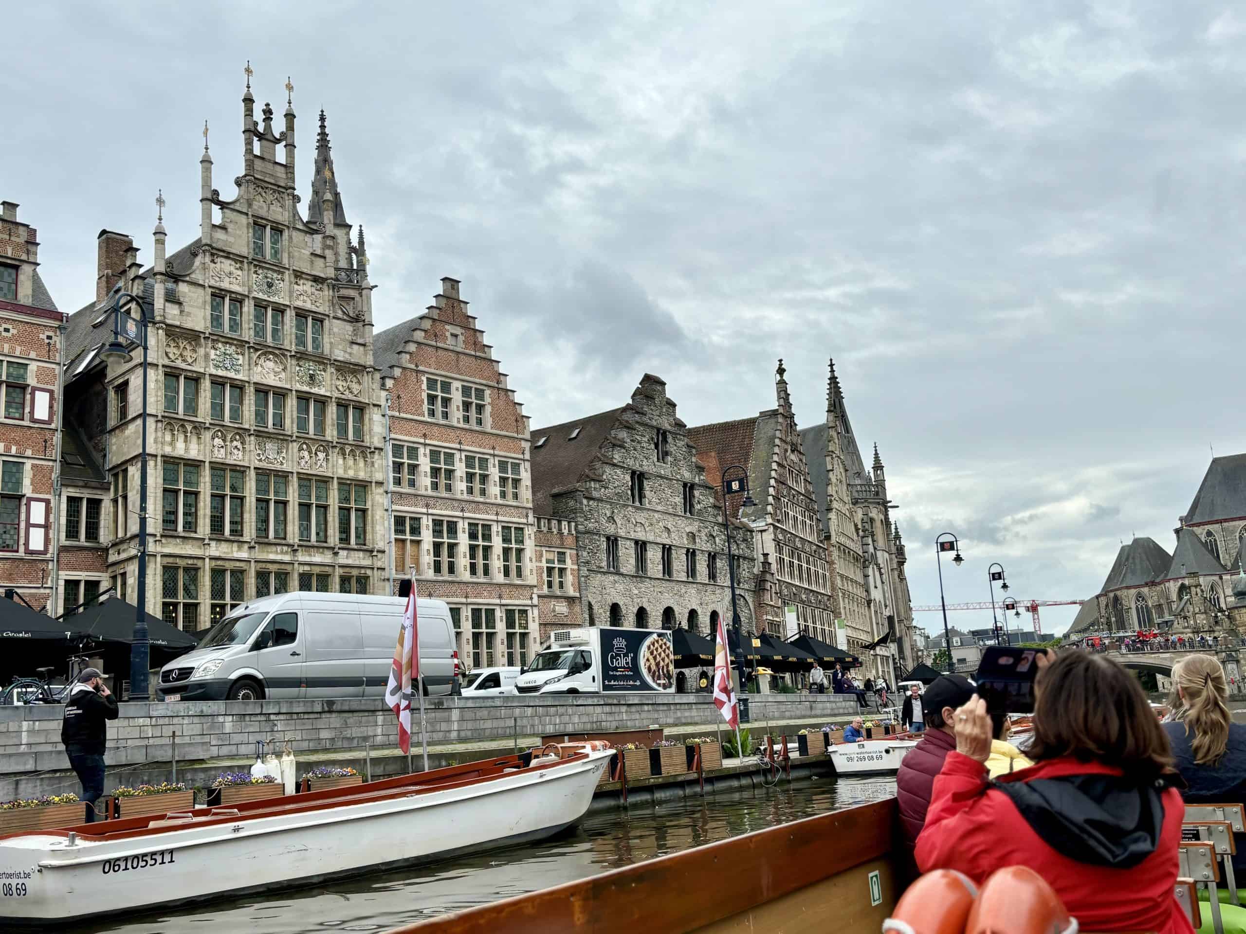 A view from a canal in Ghent of the medieval style buildings. 